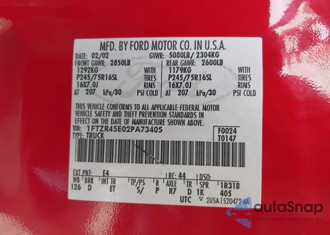 2002 Ford Ranger Edge/Xlt из США, поврежденный, VIN 1FTZR45E02PA73405